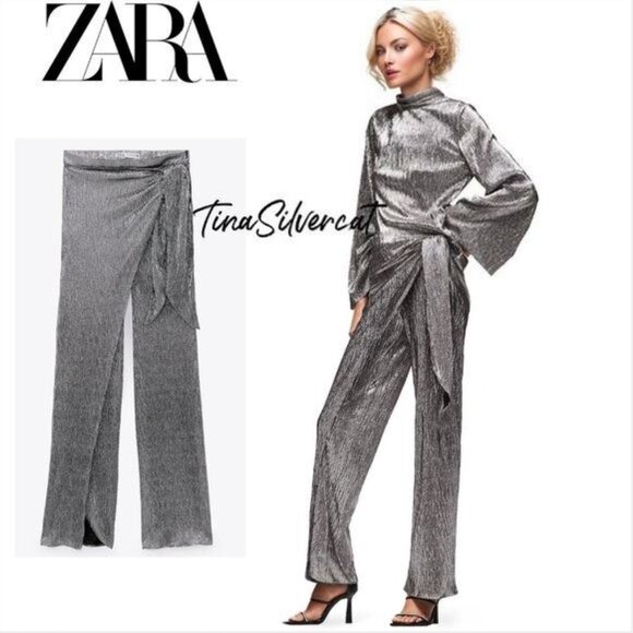 BLOGGER'S FAVE! Zara Limited Edition Sparkly Silver Wrap Front Pants SZ XS NWT - Picture 5 of 14